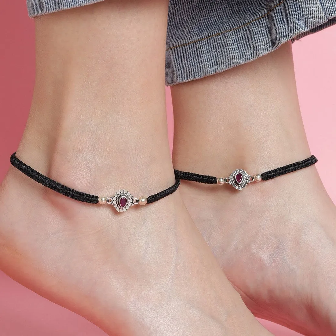 Red Stone Rhodium Plated CZ 925 Sterling Silver Thread Anklet