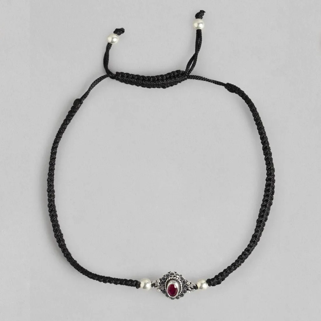 Red Stone Rhodium Plated CZ 925 Sterling Silver Thread Anklet
