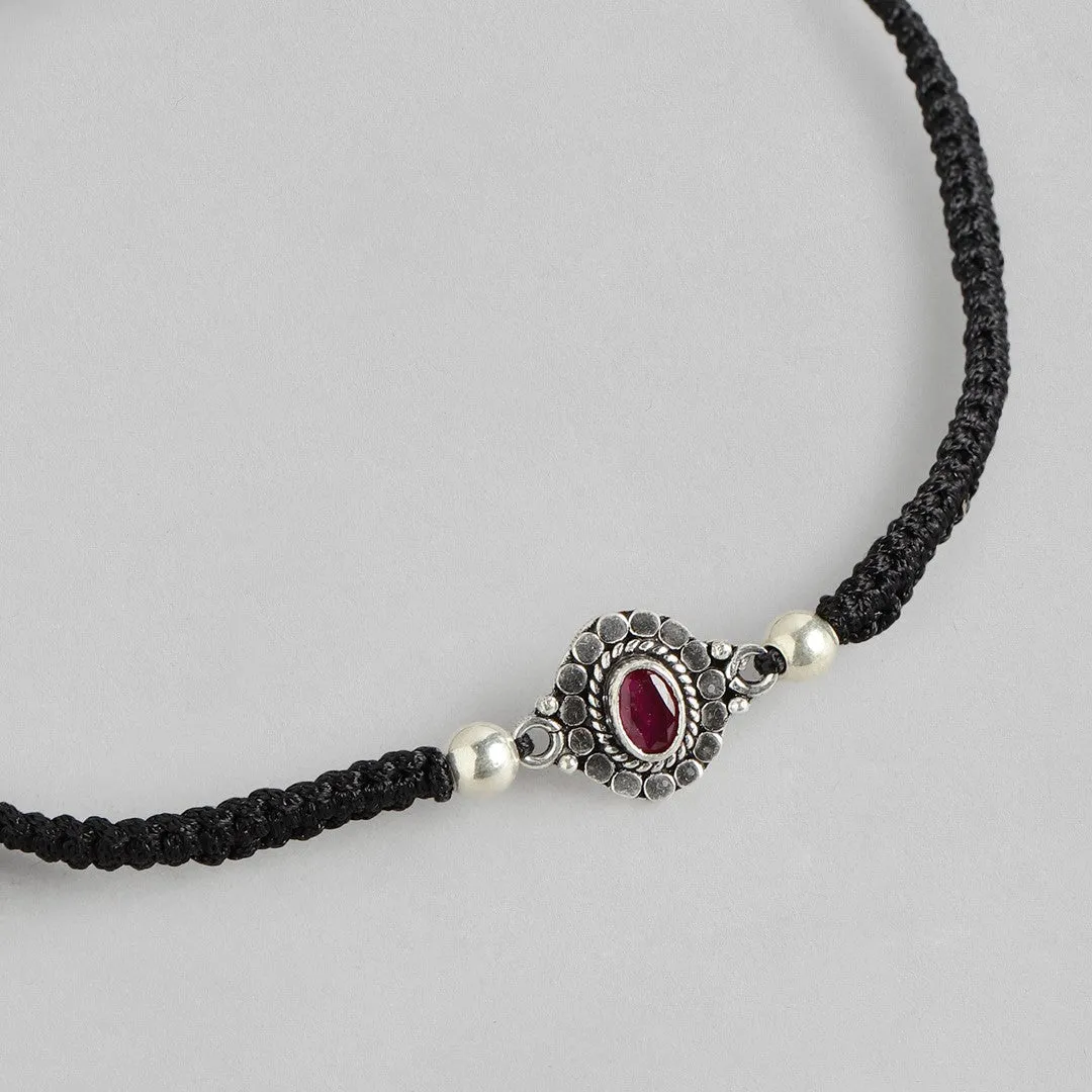 Red Stone Rhodium Plated CZ 925 Sterling Silver Thread Anklet