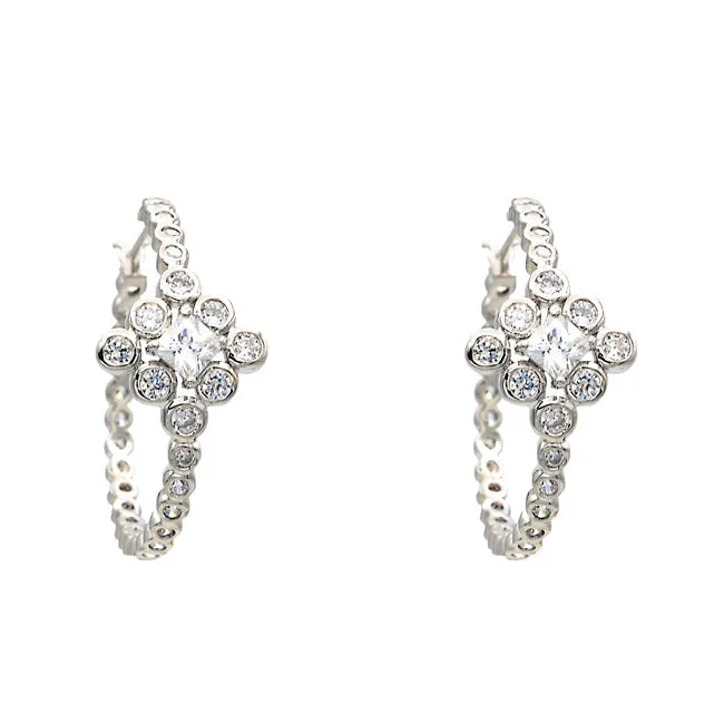 Silver Cubic Zirconia Flower Hoop Earrings