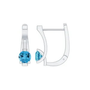 Simple Swiss Blue Topaz Solitaire J Hoop Earrings in Gold