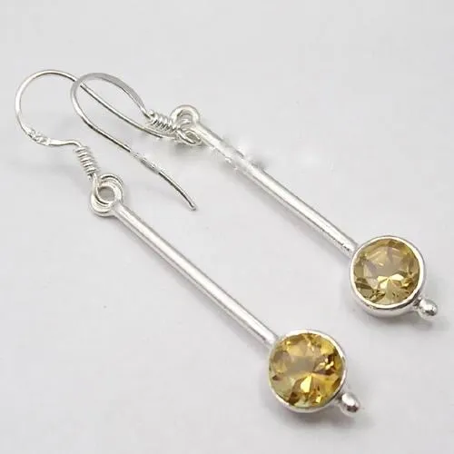 Solid Silver Citrine Long Drop Faceted Earrings