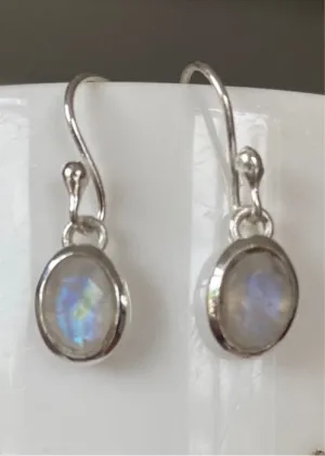 Solid Silver Rainbow Moonstone oval Drop Earrings