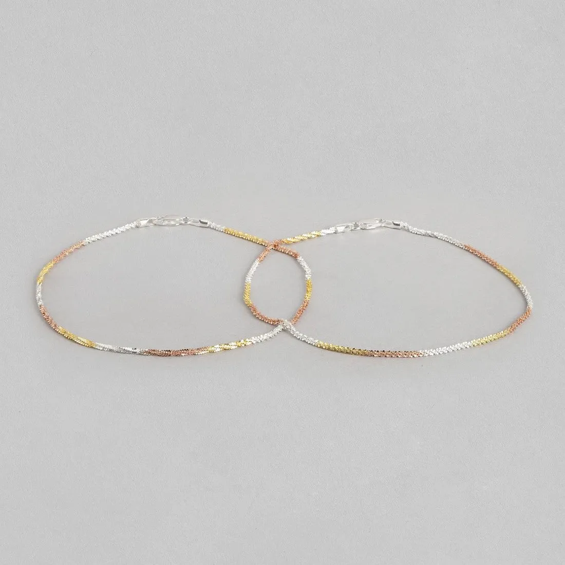 Sparkling Triple Tone 925 Sterling Silver Chain Anklets