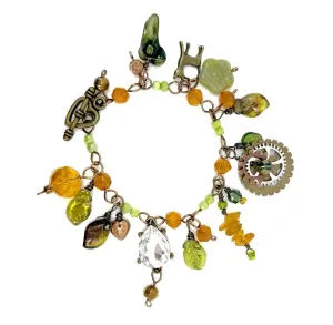 Steampunk Bracelet in Green and Amber with Glass Beads and Metal Charms, Toggle Closure, OOAK