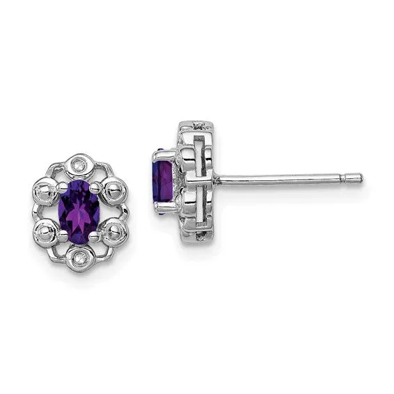 Sterling Silver Oval Gemstone & Diamond Earrings