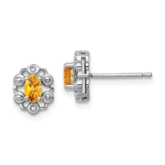 Sterling Silver Oval Gemstone & Diamond Earrings