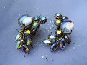 STUNNING Vintage Earrings,Art Glass Opal Like Stones and Glittering Aurora Borealis Rhinestones Clip Ons, Ear Climber Earrings,Collectible Mid Century Jewelry