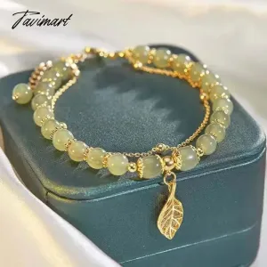 Tavimart Chinese Style Green Hetian Jade Bracelet For Women Vintage Gold Color Leaves Double Layer Beaded Bracelet Jewelry Gifts
