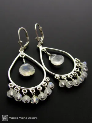 The Silver Teardrops And Faceted Moonstone Chandelier Earrings