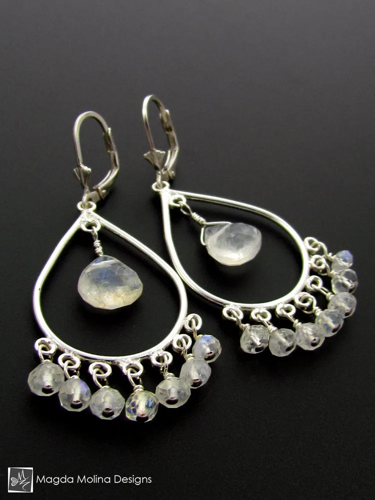 The Silver Teardrops And Faceted Moonstone Chandelier Earrings