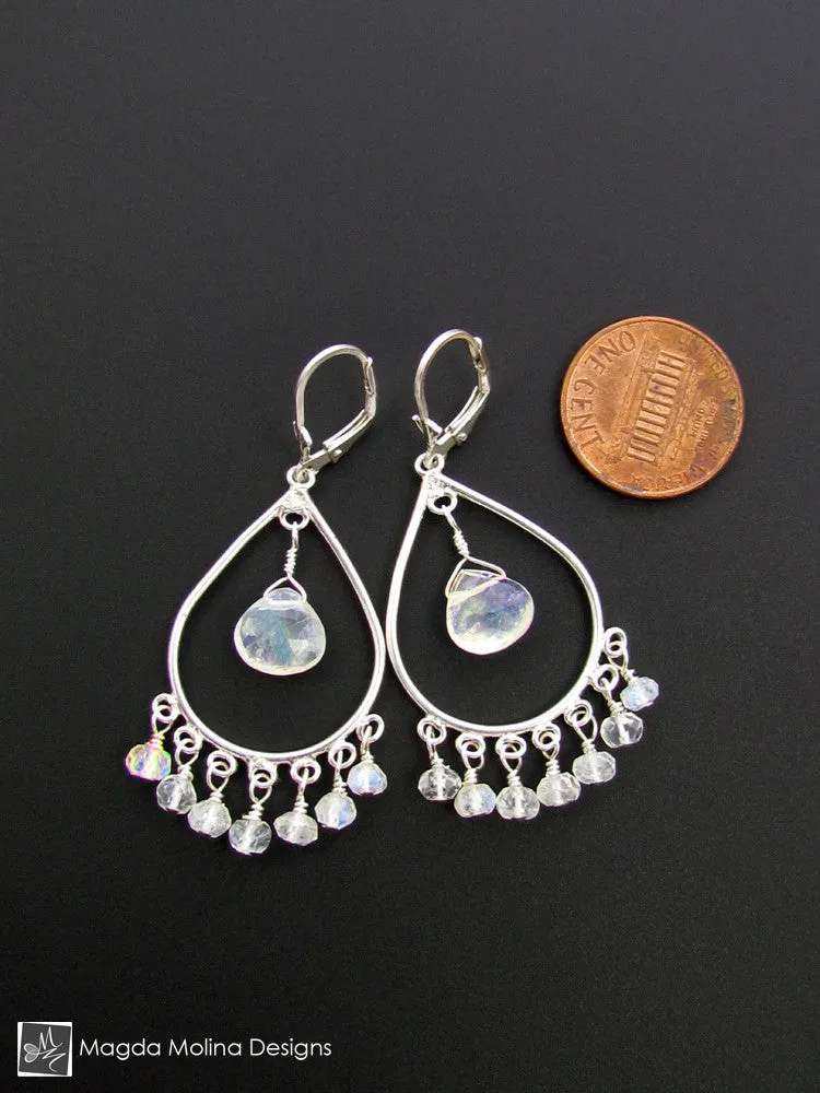 The Silver Teardrops And Faceted Moonstone Chandelier Earrings