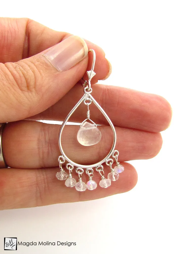 The Silver Teardrops And Faceted Moonstone Chandelier Earrings