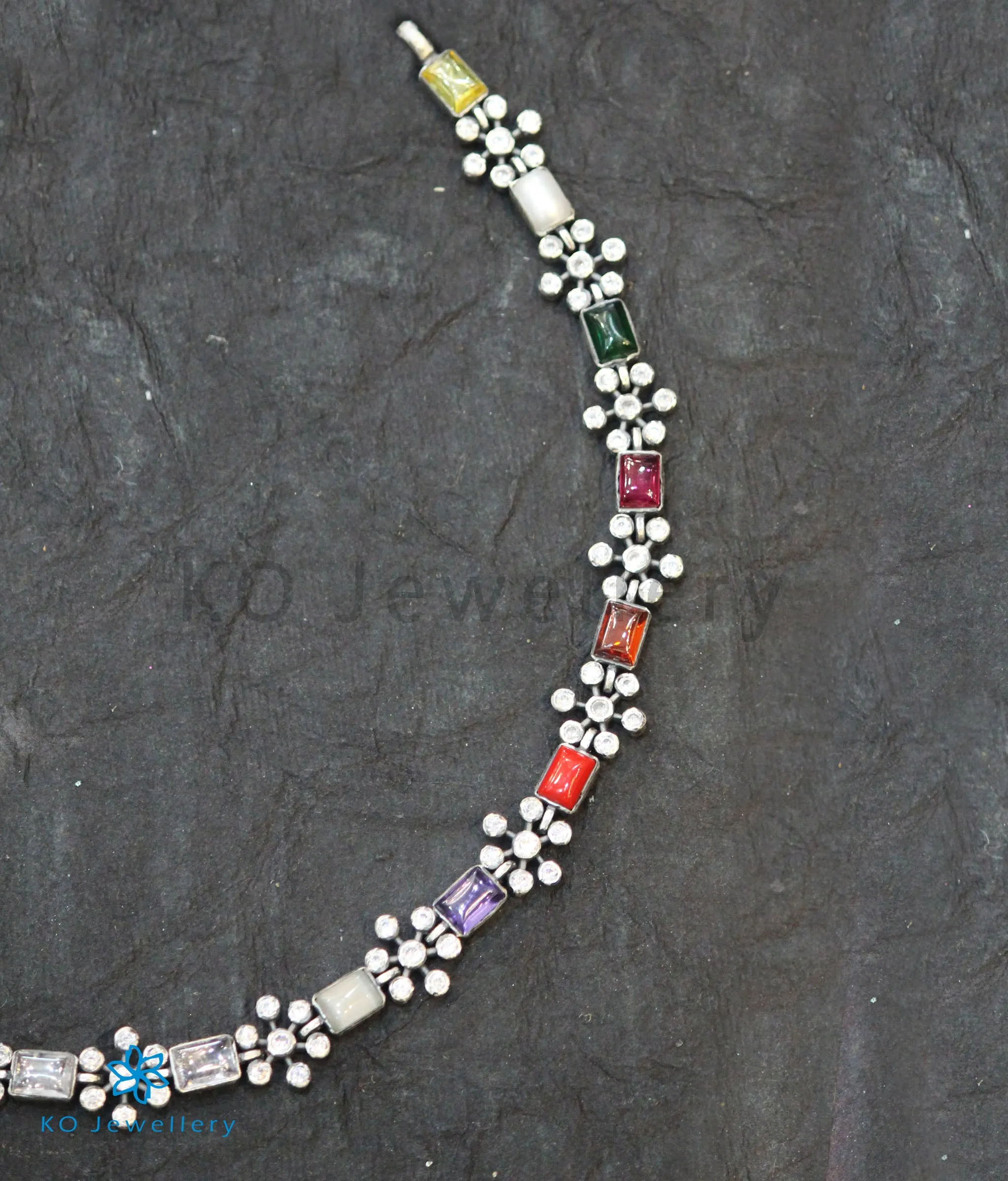 The Yajata Silver Navratna Necklace (Square/Oxidised)