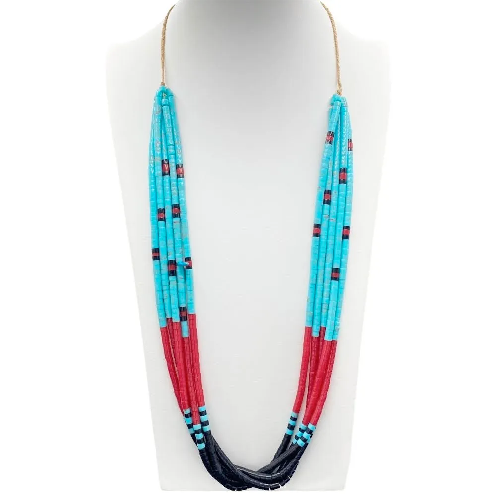 Turquoise, Coral and Black Jet Heishi Necklace
