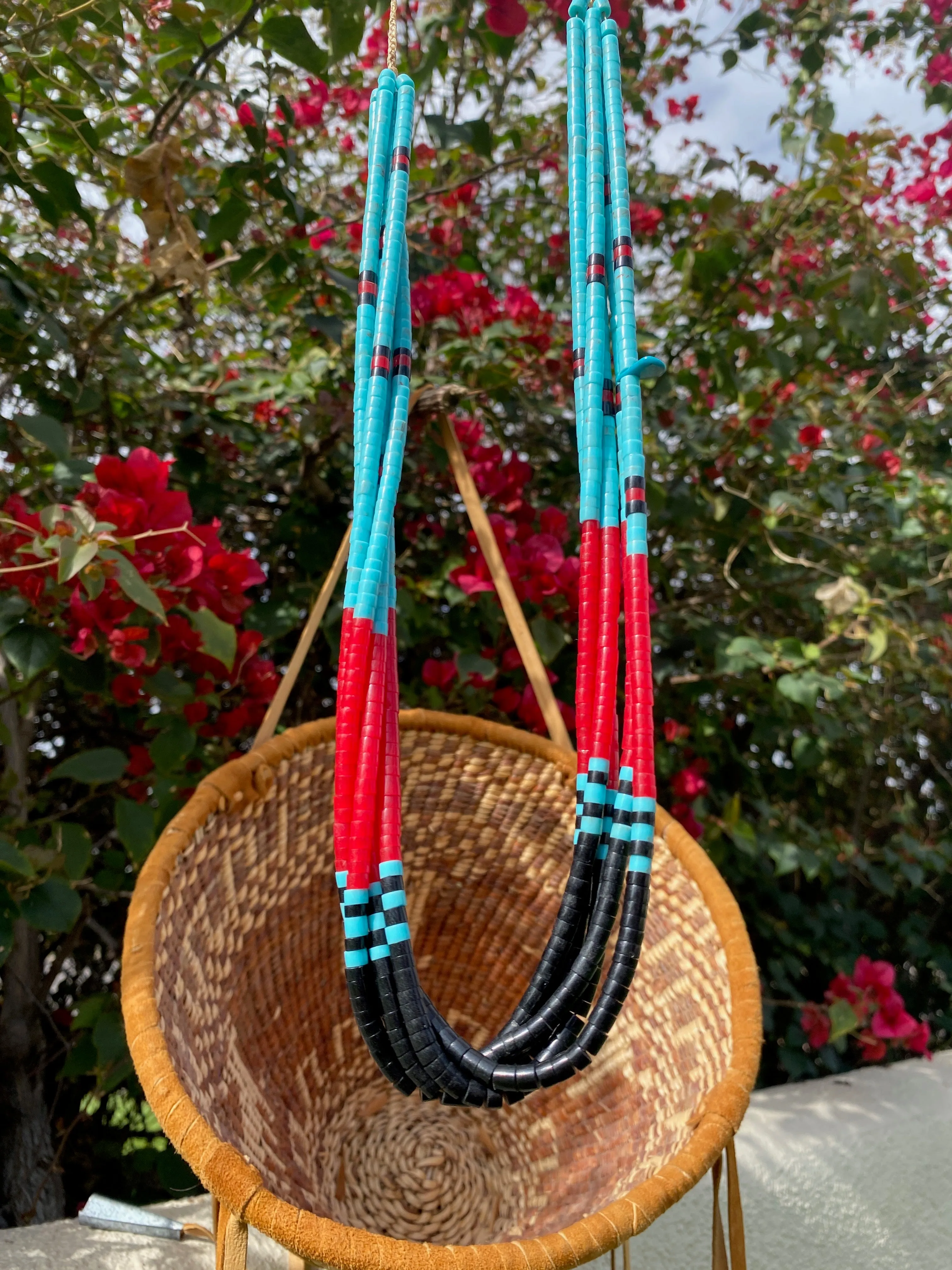 Turquoise, Coral and Black Jet Heishi Necklace