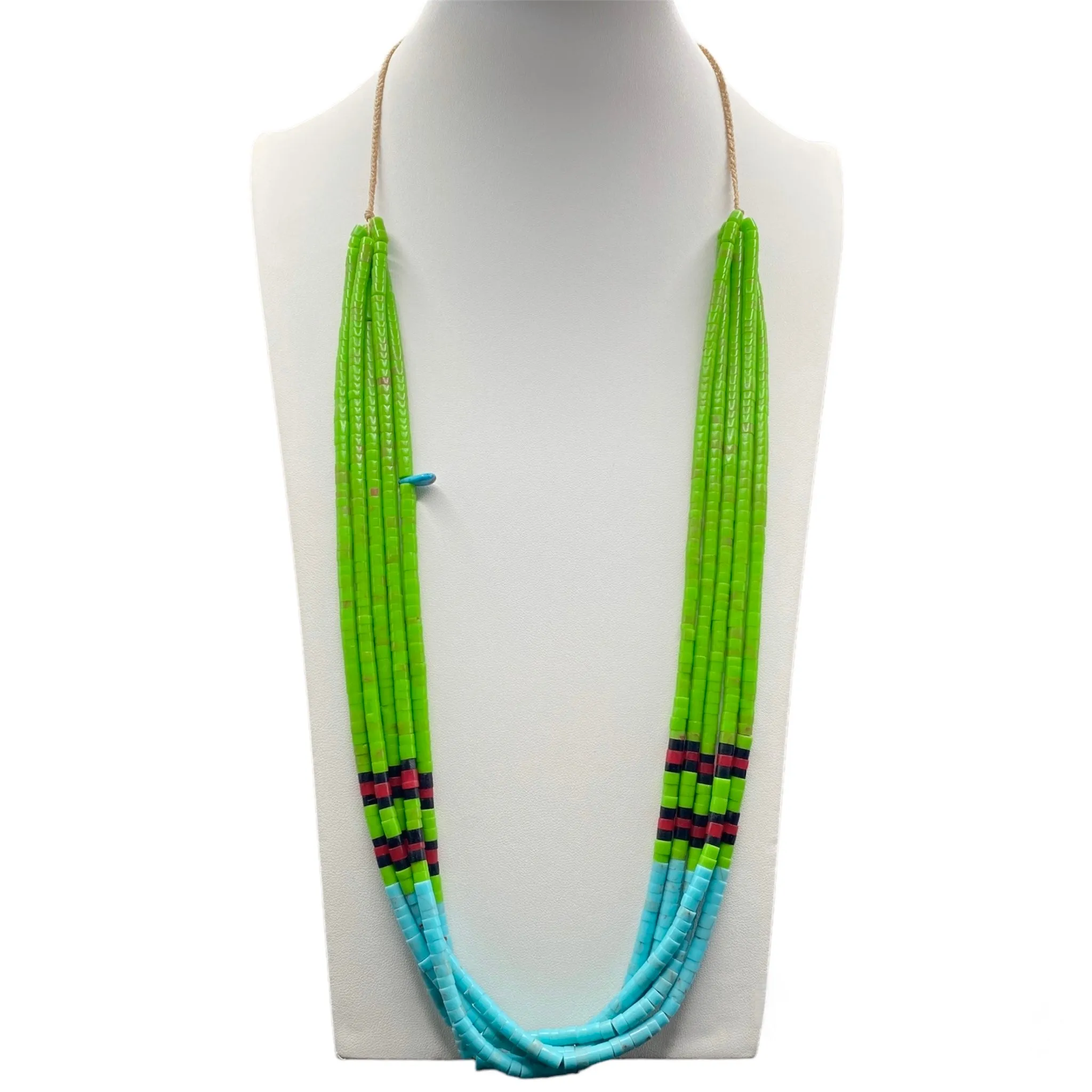 Turquoise, Gaspeite, Black Onyx, and Coral Heishi Five Strand Necklace
