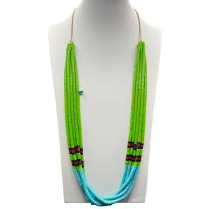 Turquoise, Gaspeite, Black Onyx, and Coral Heishi Five Strand Necklace