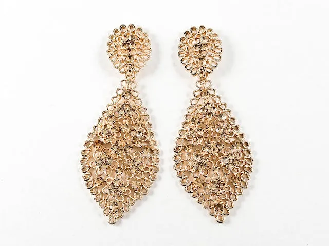 Unique Vintage Filigree Style Gold Tone Topaz Crystal Brass Earrings