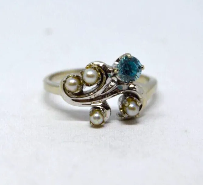 Vintage Blue Zircon & Pearl 14k White Gold Band Ring, Size 10