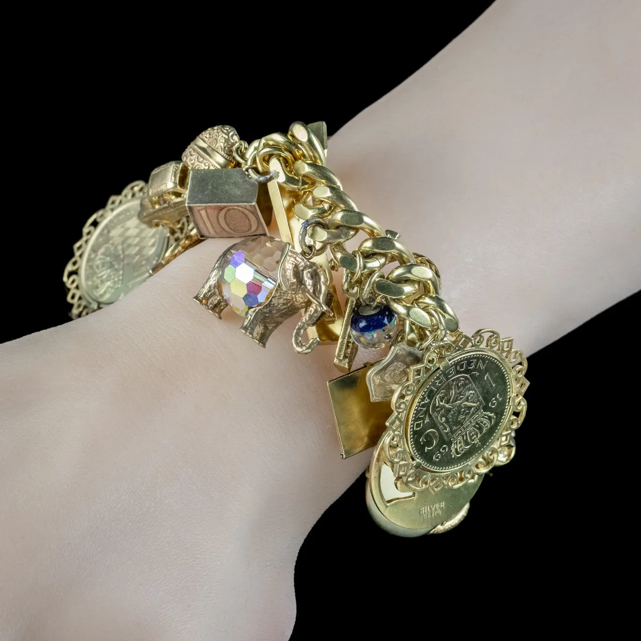 Vintage Charm Curb Bracelet Silver 18ct Gold Gilt Dated 1967